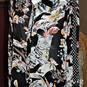 WEEK & LOS ANGELES WOMEN'S M TOP CAT IMAGE SEMI SHEER BLACK WHITE